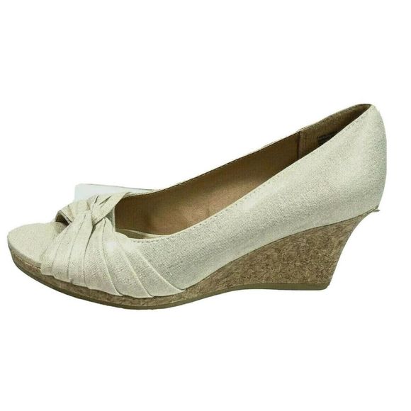 dexflex comfort Shoes - DexFlex Comfort Peep Toe Sandals Wedge Cork Fabric Metallic Gold Beige